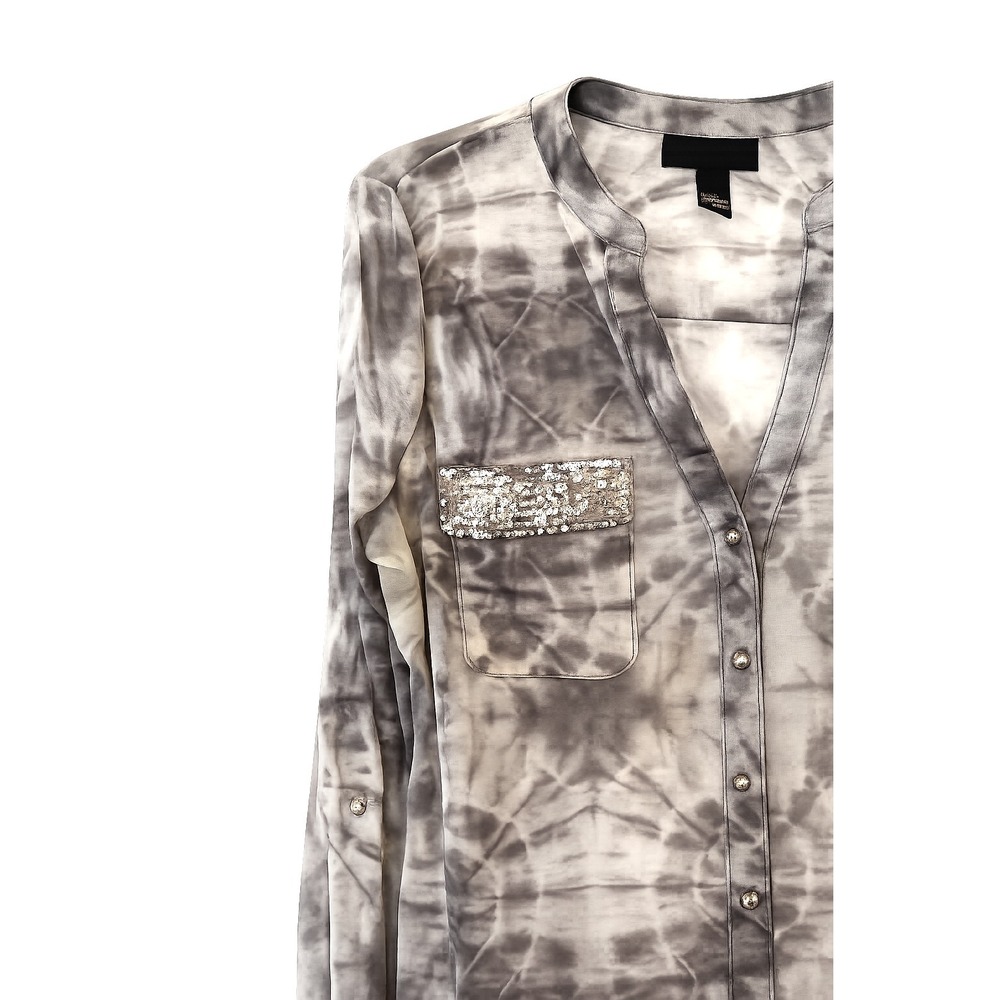 Y2k INC International Concepts Women's Gray Tye Die Sheer Sequin Pocket Blouse L - Picture 4 of 6